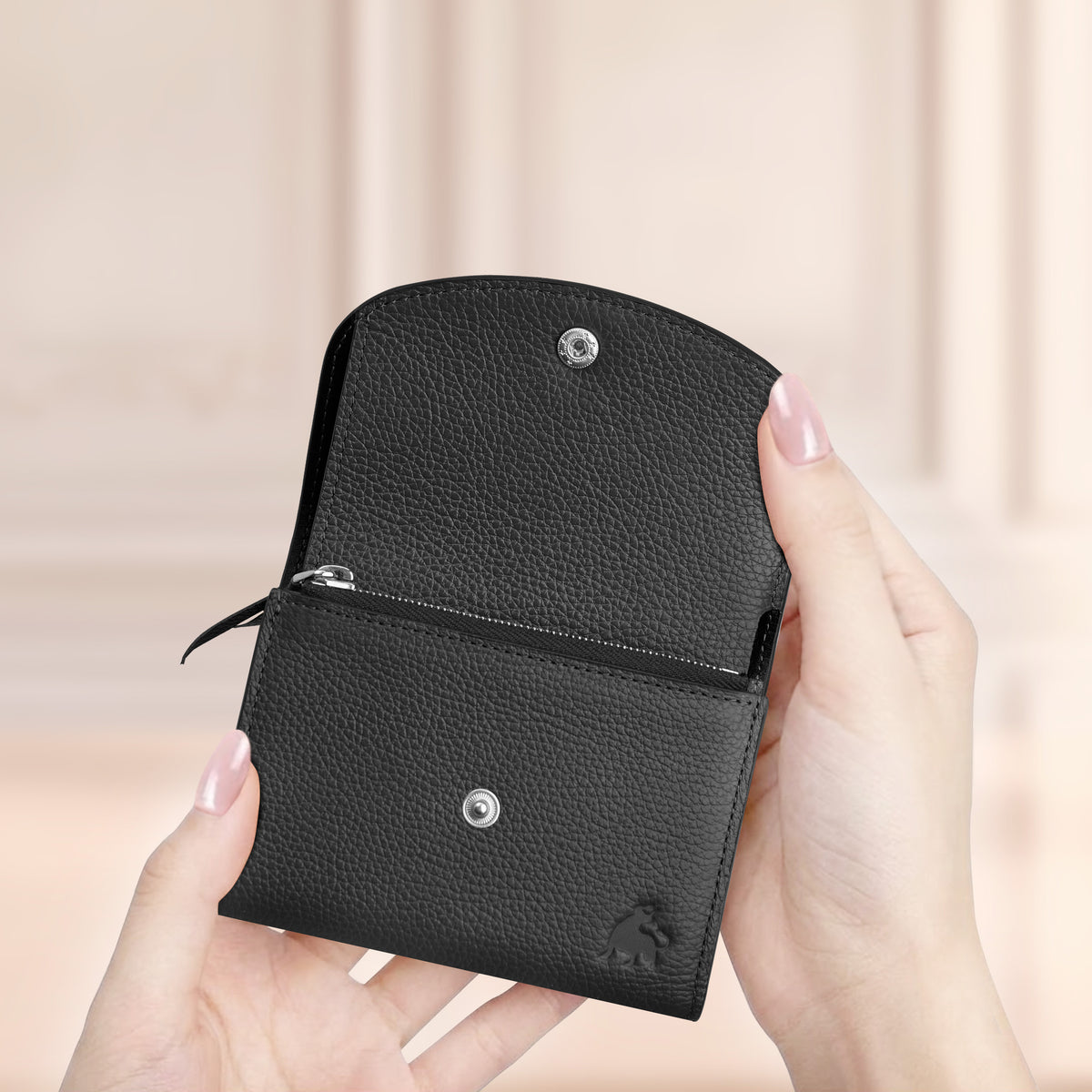 Compact full grain leather bifold wallet for women black