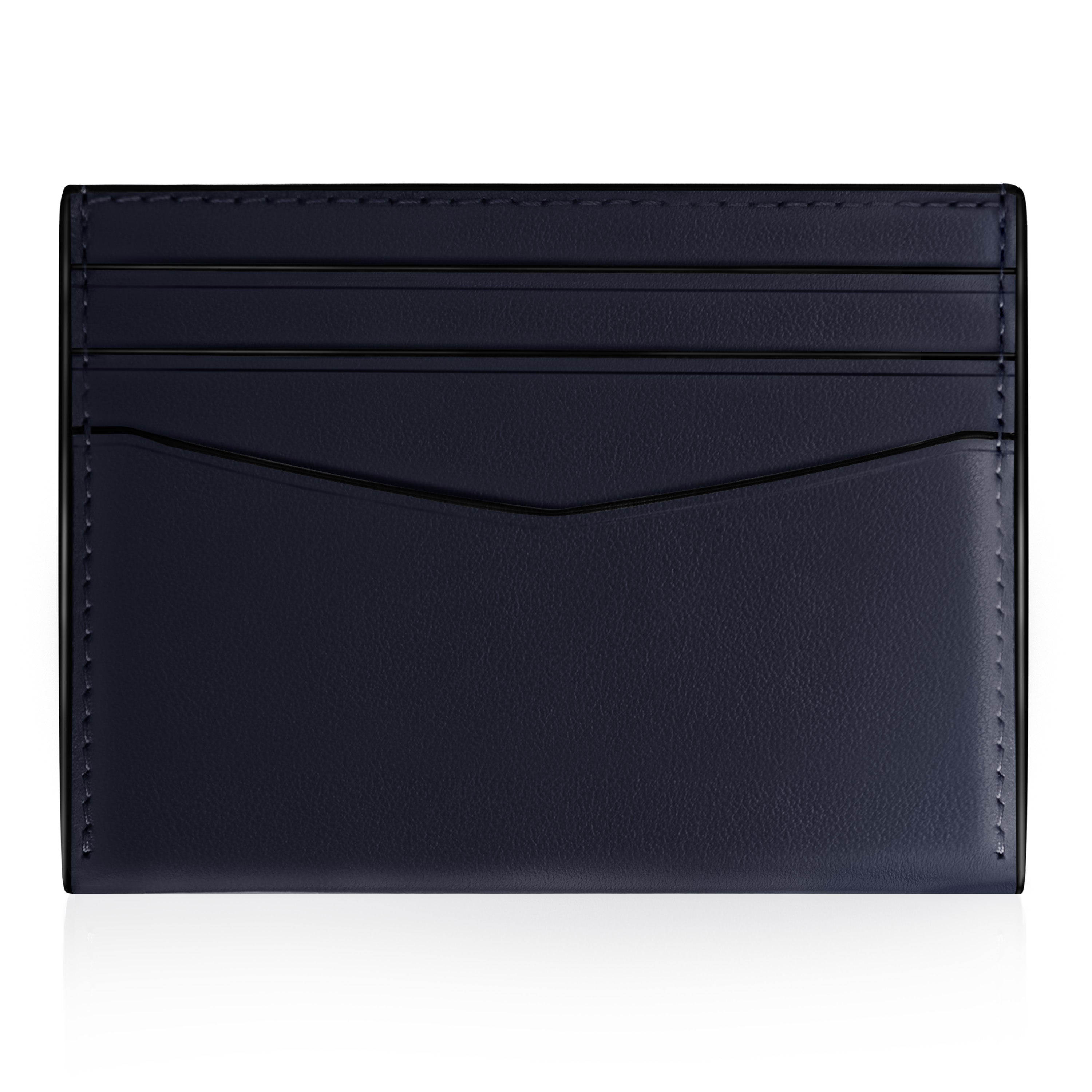 A dark navy blue leather cardholder wallet with multiple card slots