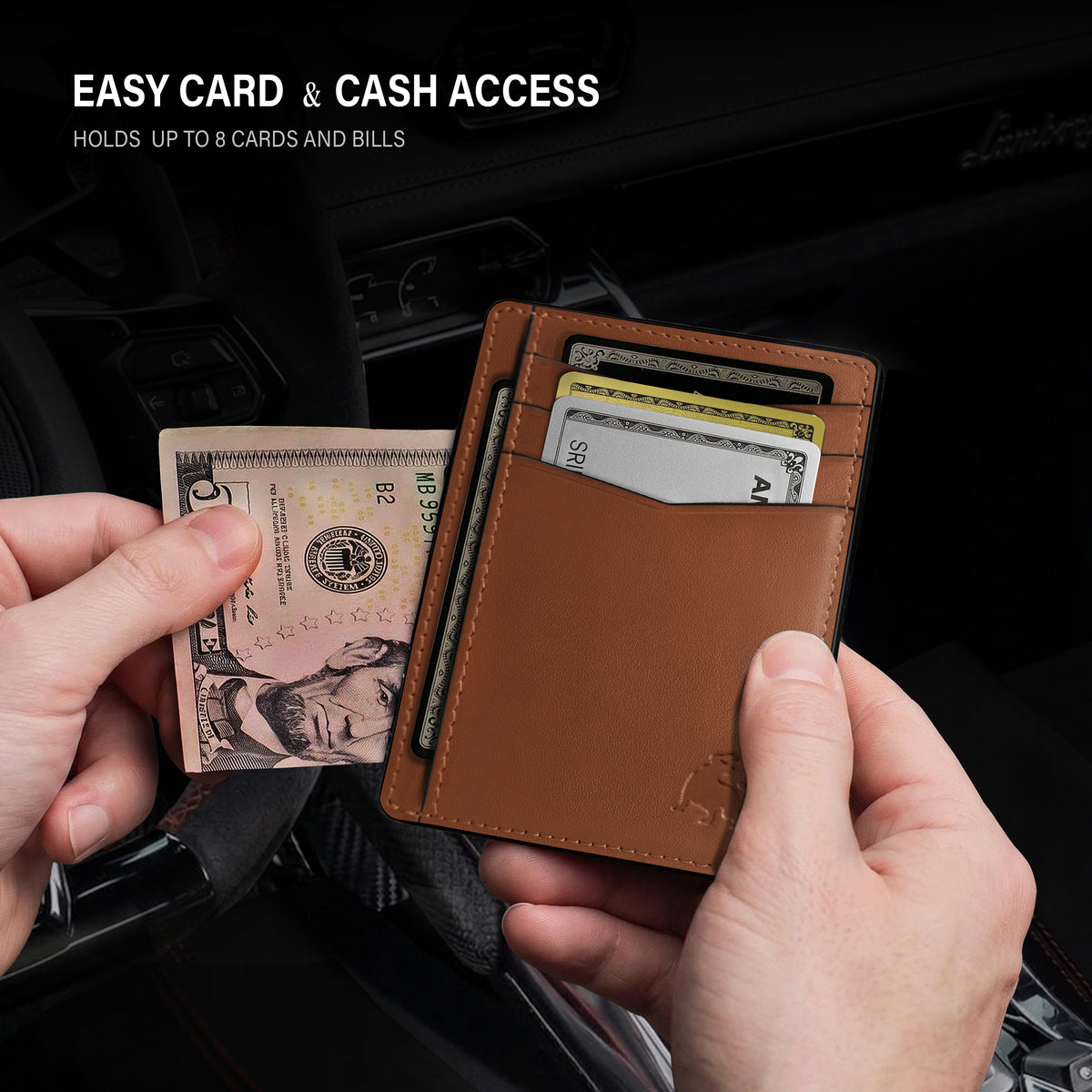 Leather front pocket wallet with RFID protection minimalist brown