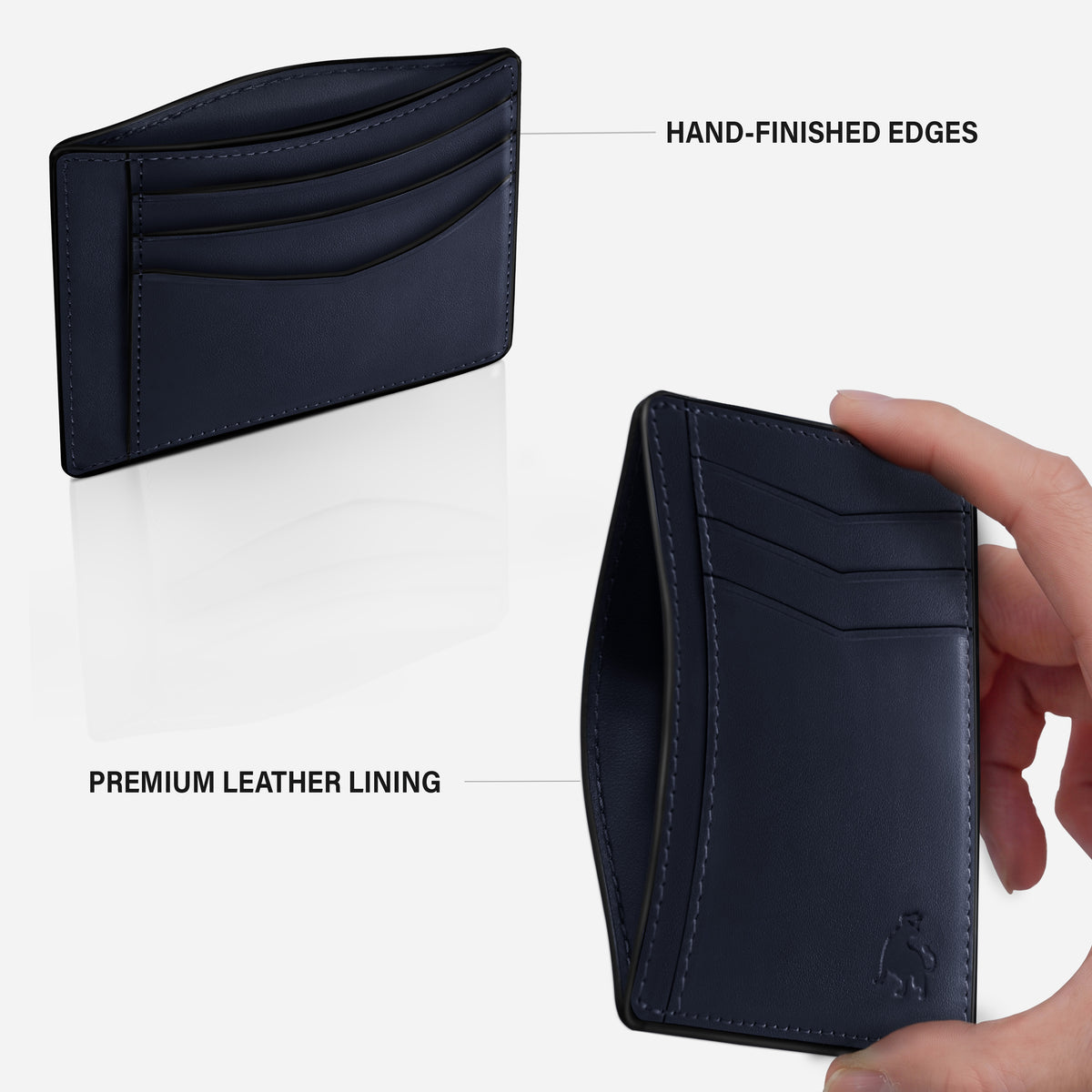 Mens front pocket leather wallet minimalist with RFID protection navy