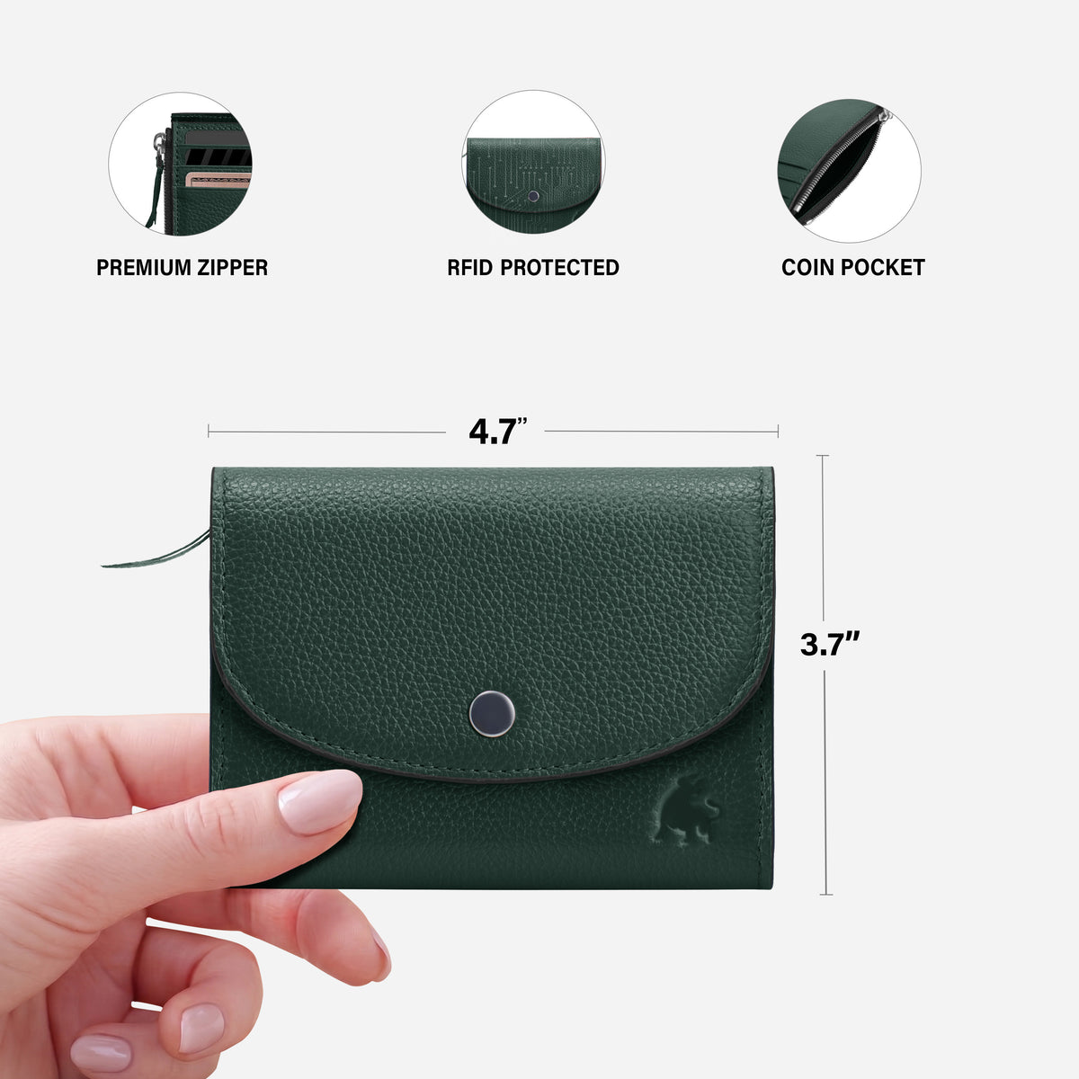 Minimalist compact wallet for women in full grain leather green