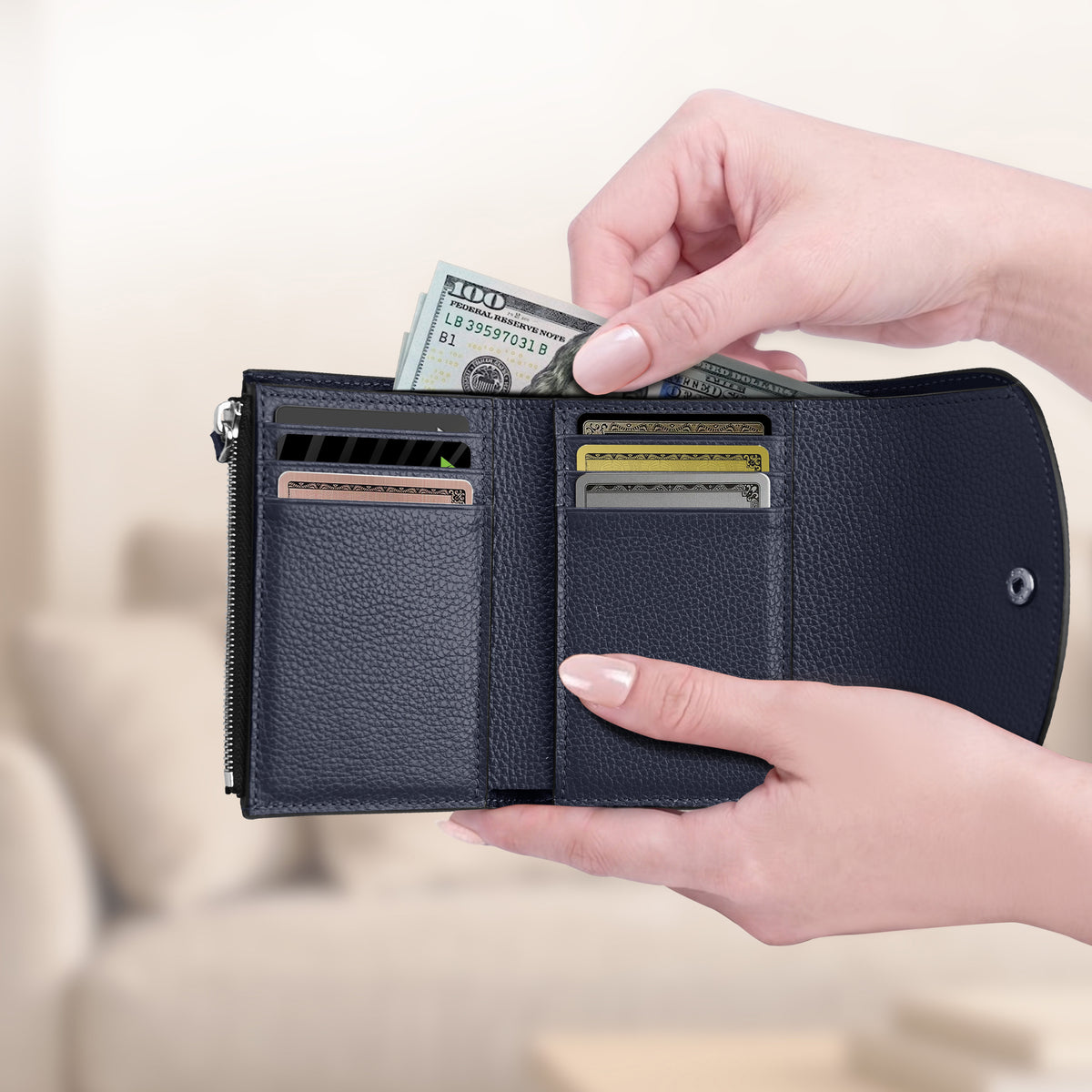 Womens slim compact bifold wallet with RFID blocking navy