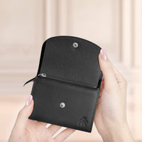 Compact full grain leather bifold wallet for women black