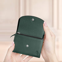 Thin compact leather bifold wallet for women in green