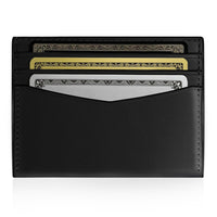 A black leather card holder wallet with multiple card slots