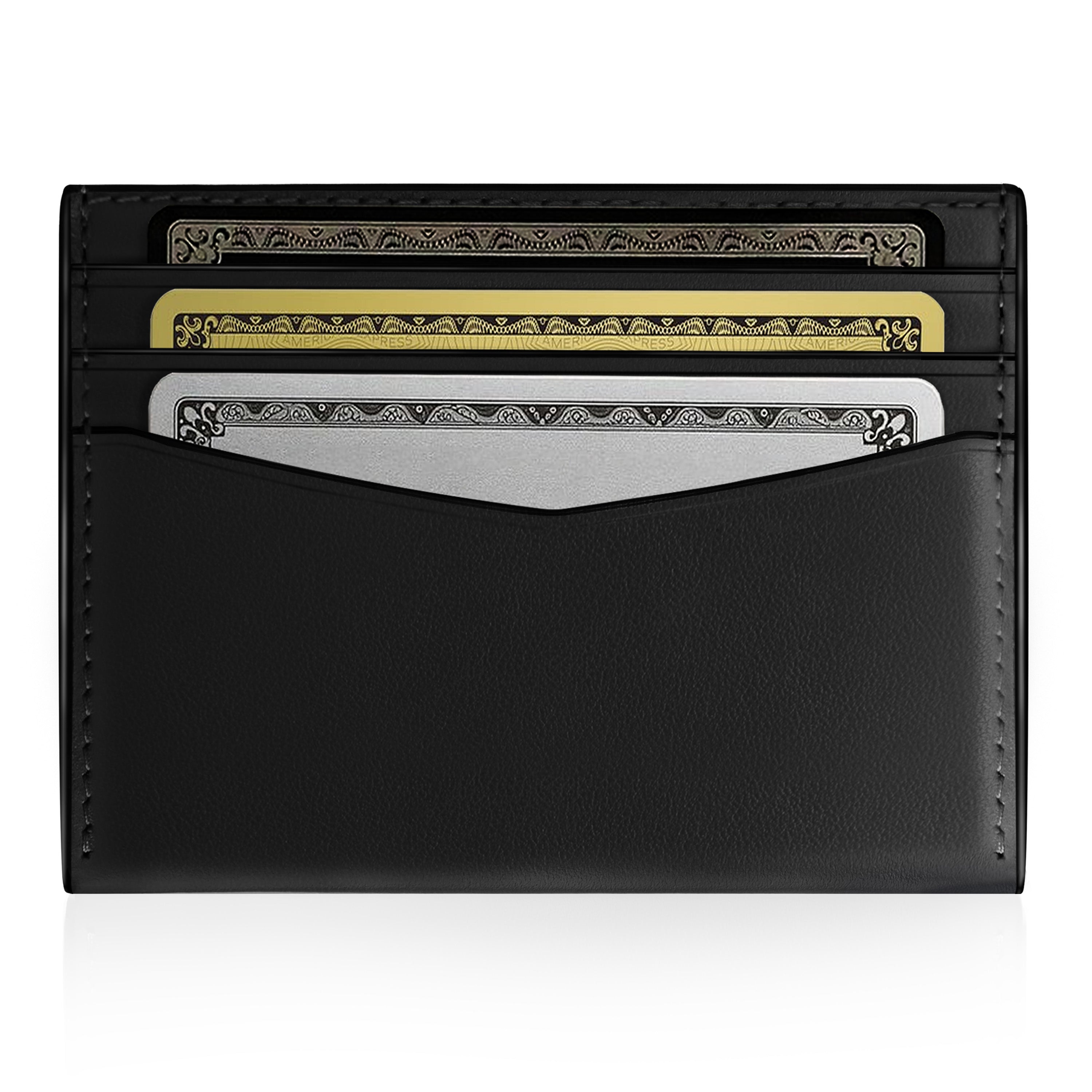 A black leather card holder wallet with multiple card slots