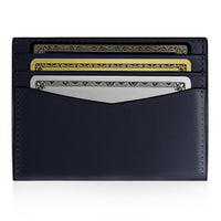 A navy blue leather cardholder wallet with multiple card slots
