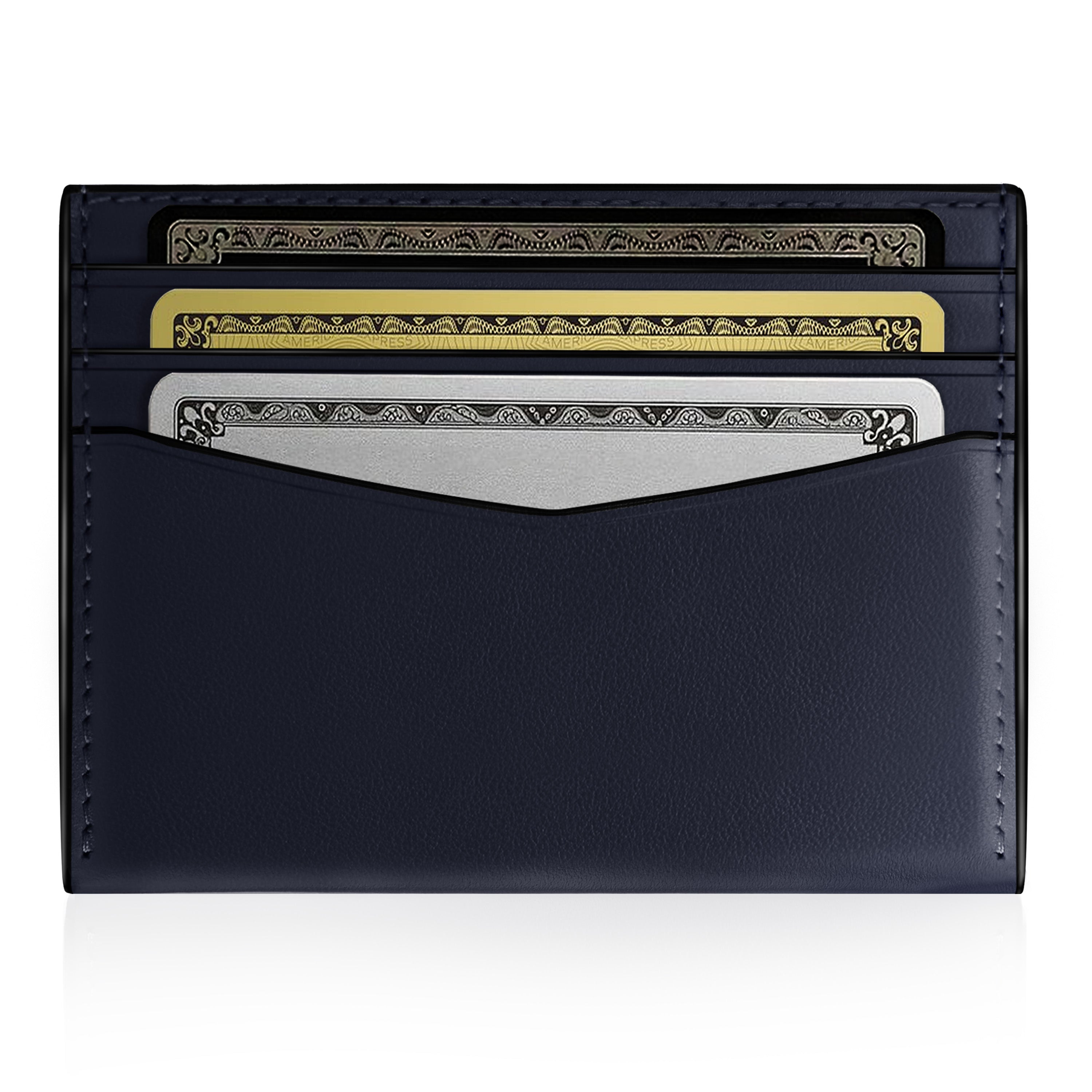 A navy blue leather cardholder wallet with multiple card slots