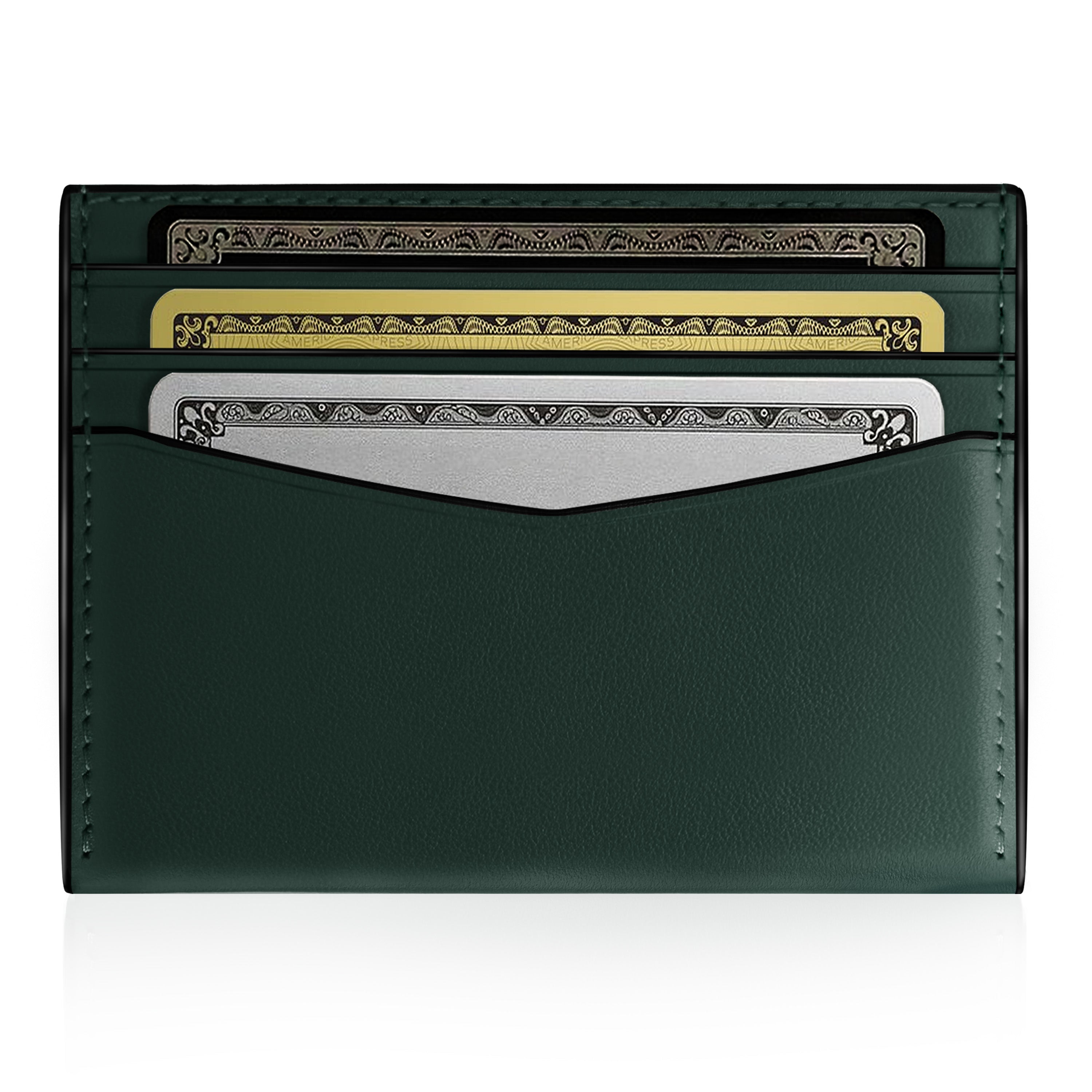 A dark green leather card holder wallet with multiple card slots