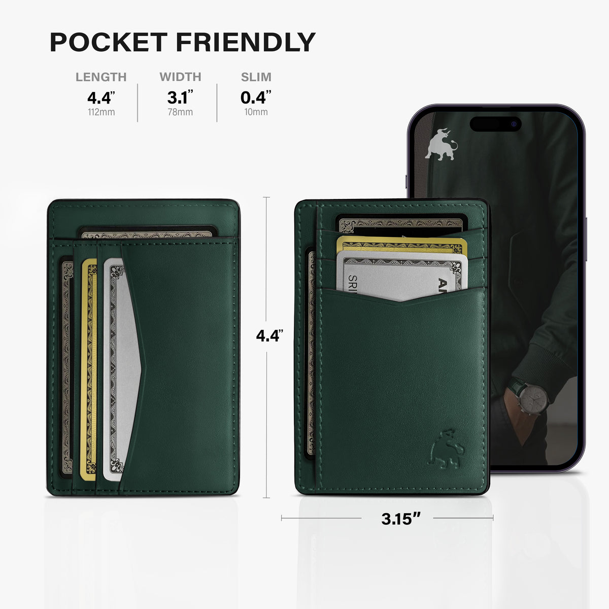 Front pocket wallet minimalist full grain leather green