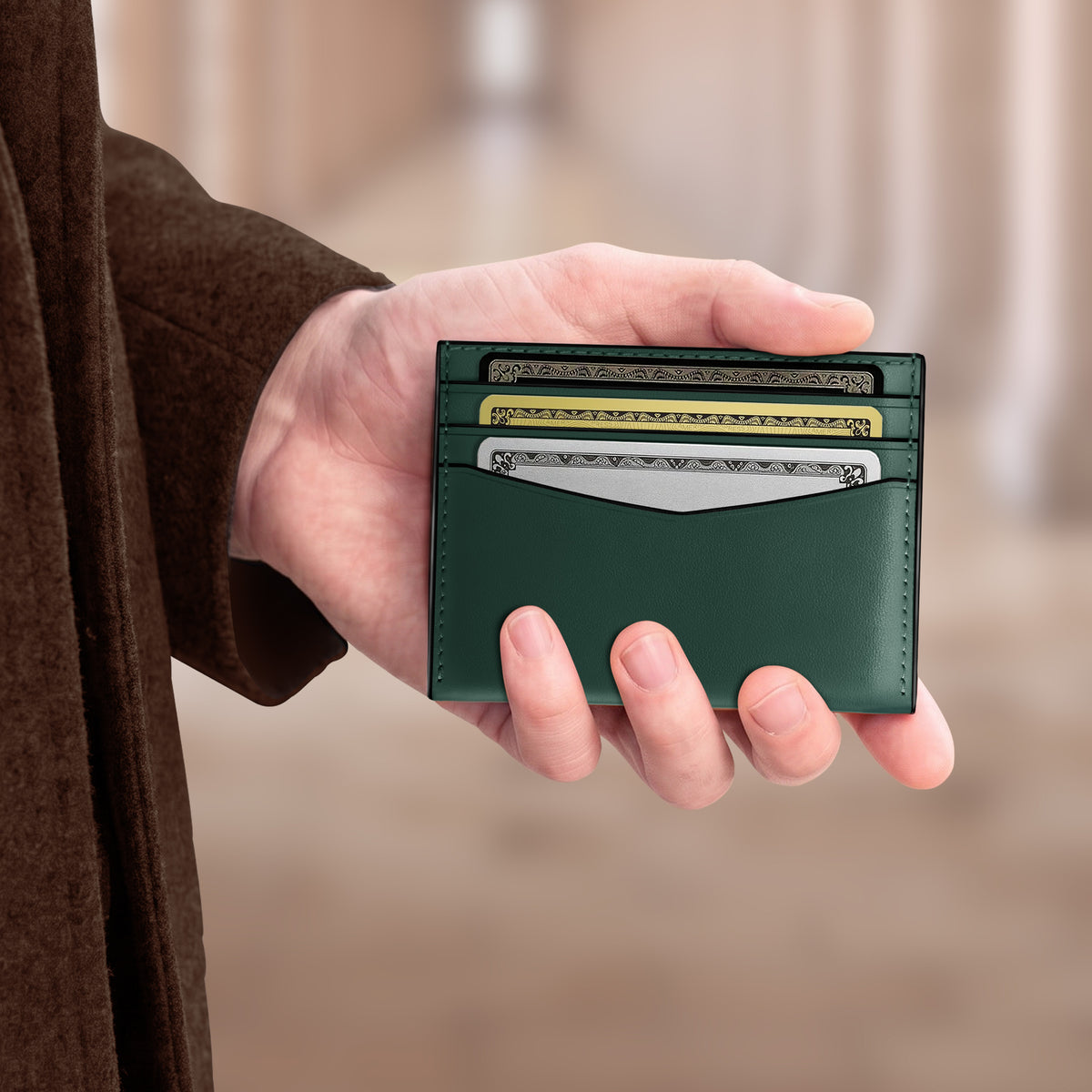 Minimalist full grain leather card holder wallet green