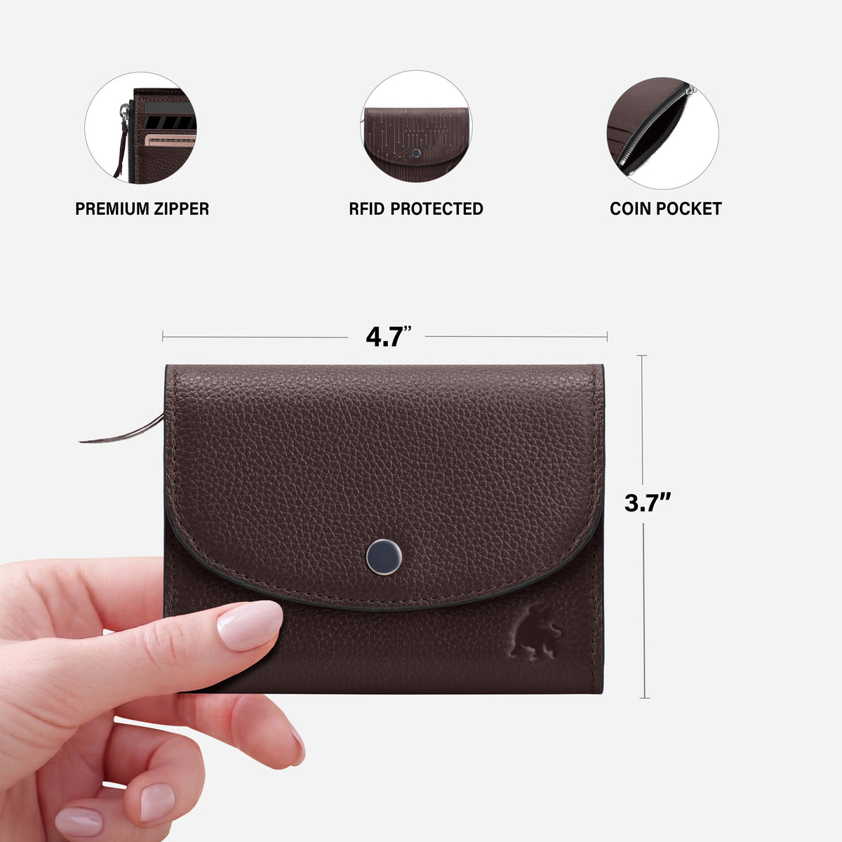 Minimalist compact full grain leather wallet with RFID blocking in dark brown