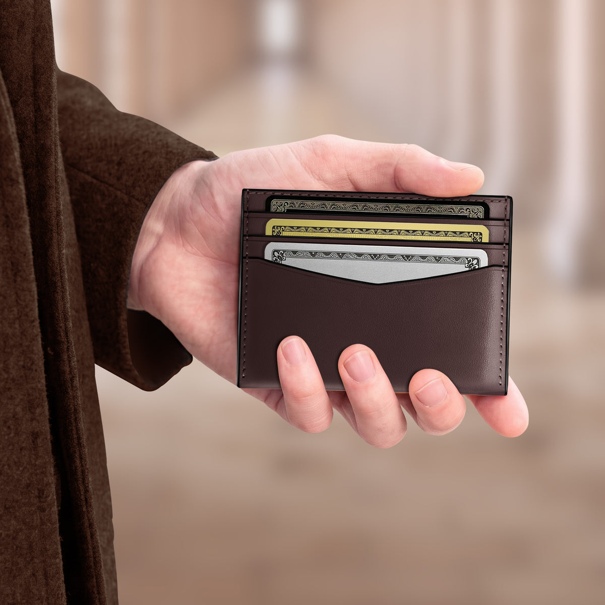 Minimalist leather credit card holder with RFID protection dark brown