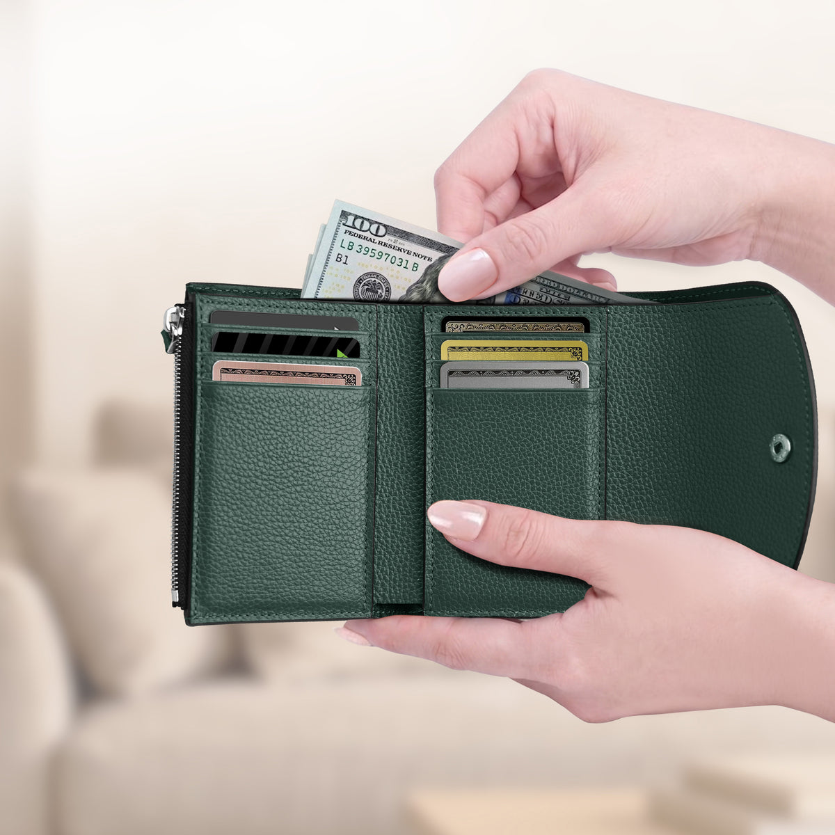 Minimalist compact full grain leather wallet for women in green