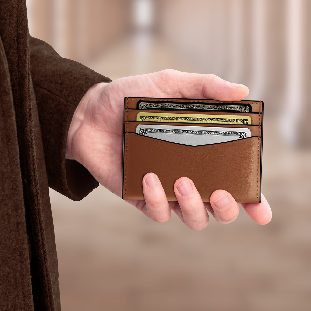 Minimalist leather credit card holder with RFID protection brown