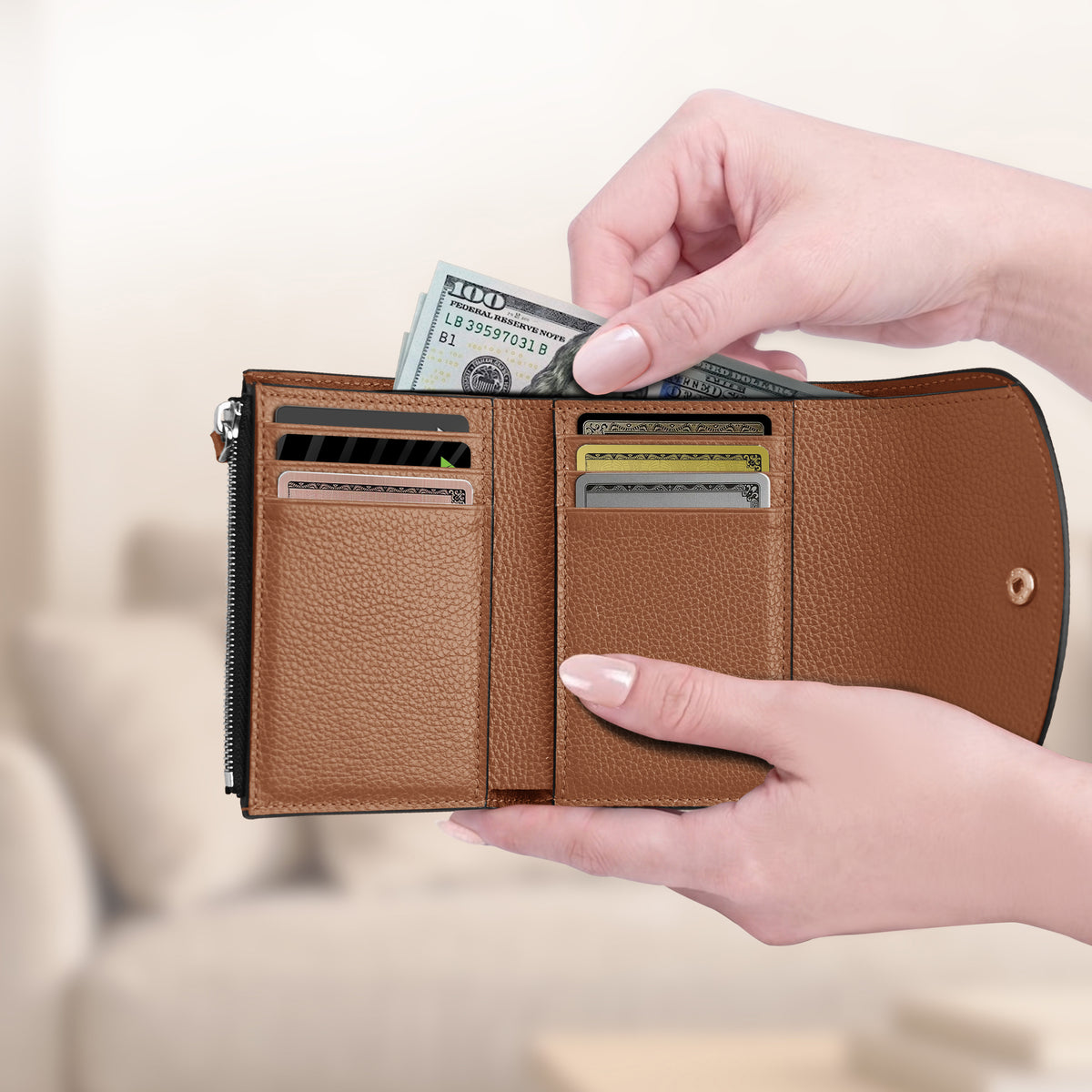 Minimalist compact leather wallet for women in brown