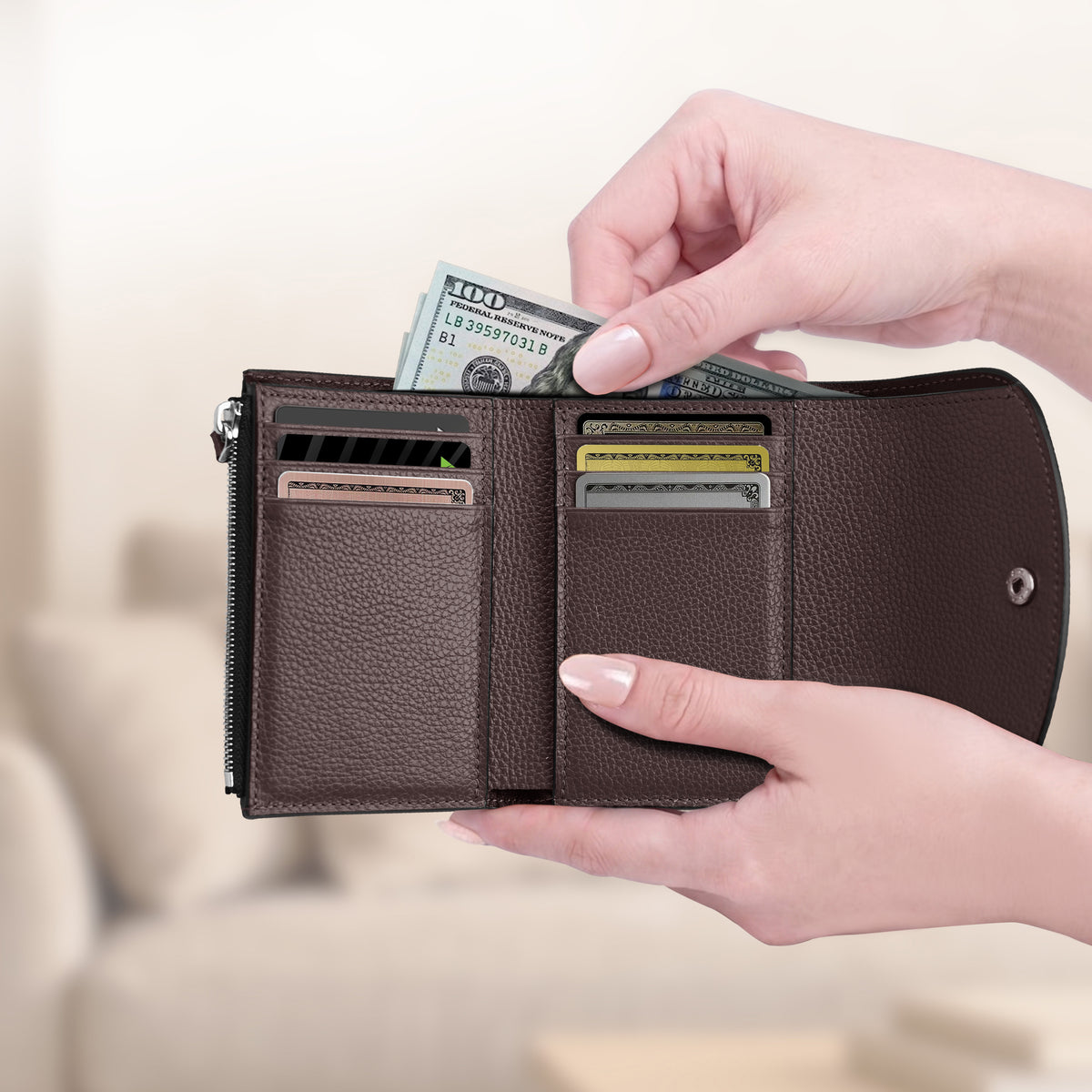 Minimalist RFID blocking bifold wallet for women in dark brown