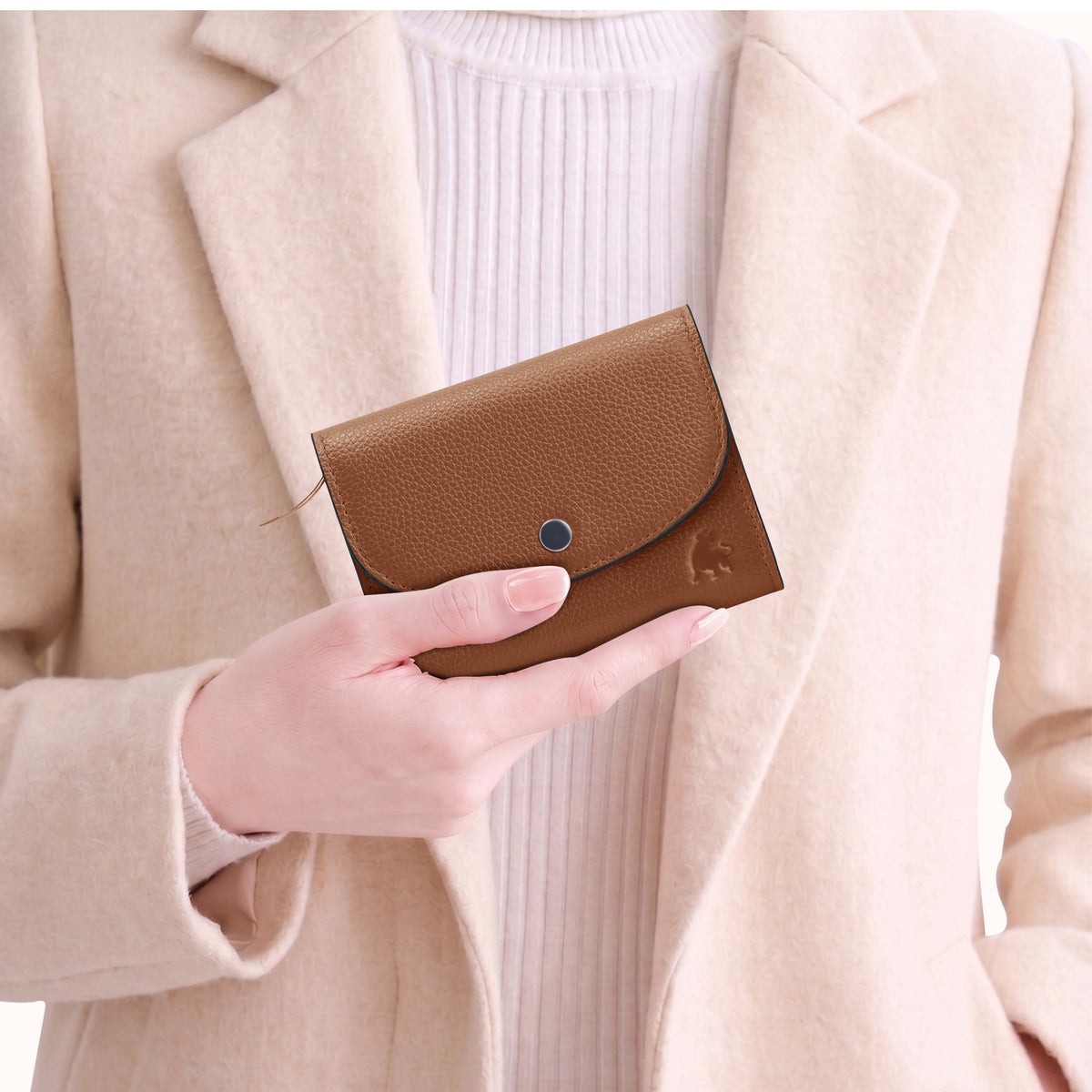 Slim compact leather bifold wallet for women in brown