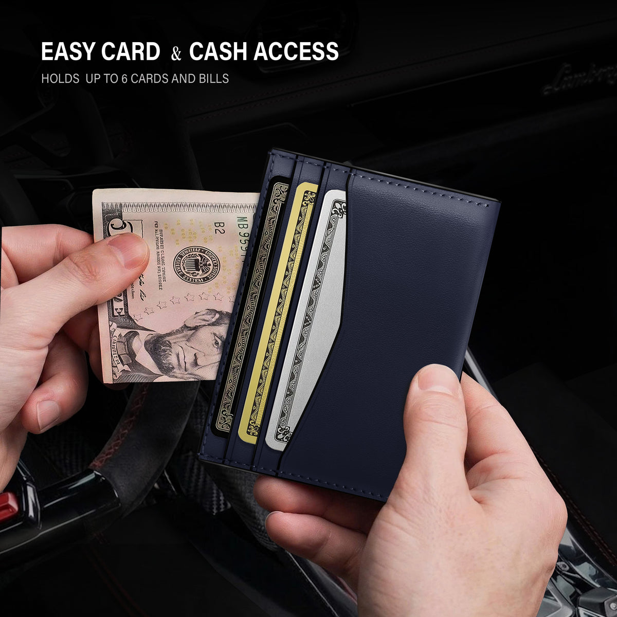 Slim leather credit card holder with RFID protection navy