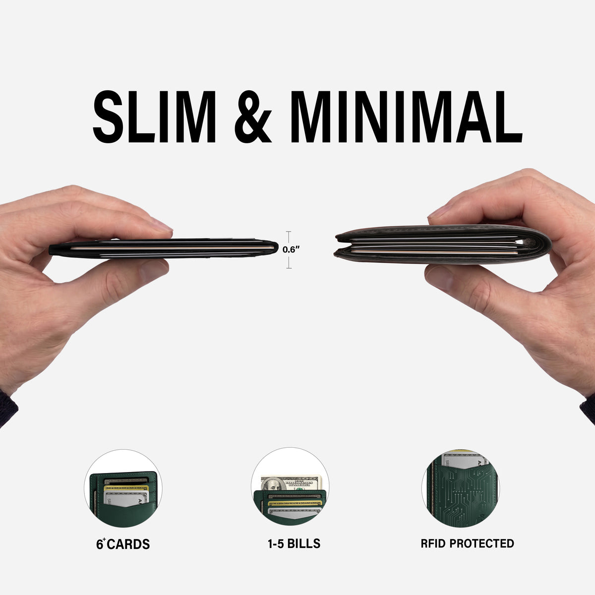 Slim front pocket card holder in full grain leather green