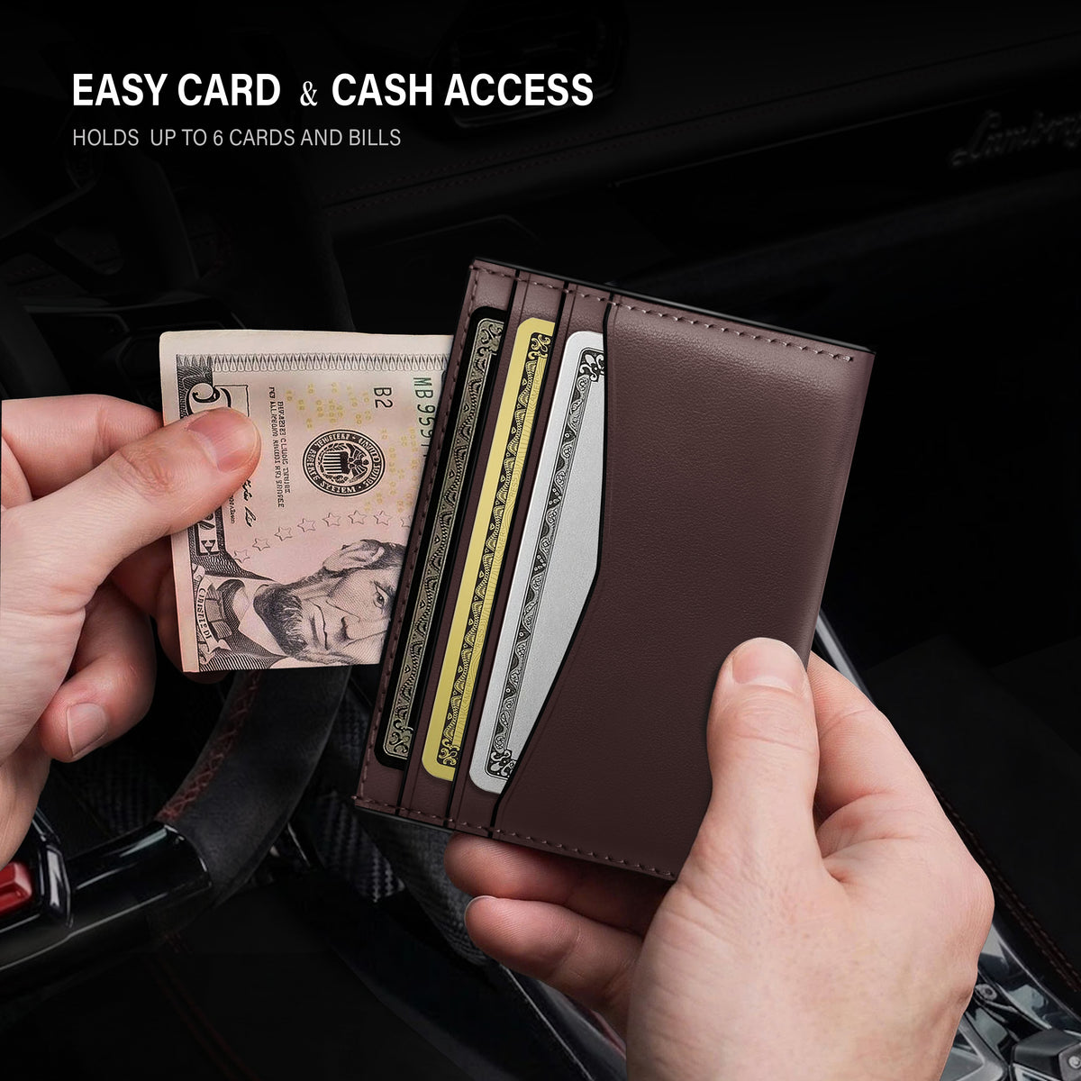Slim leather card case with RFID protection dark brown