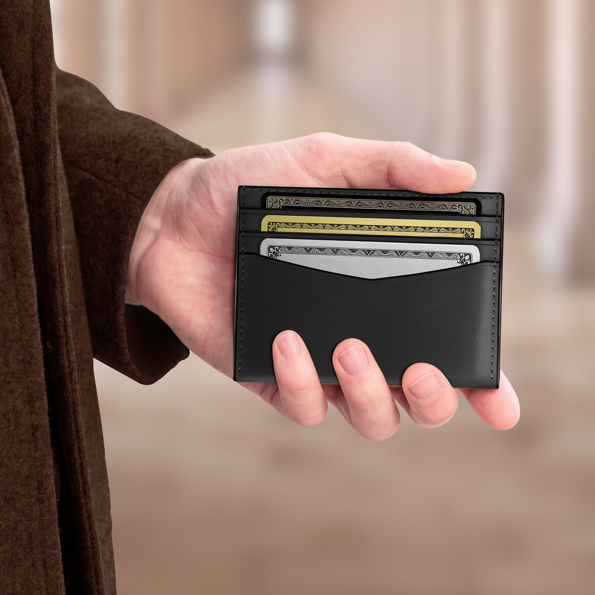 Slim leather card holder wallet with RFID protection black