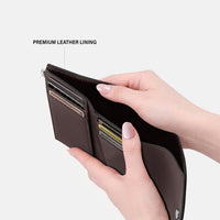 Thin full grain leather bifold wallet for women in dark brown