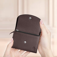 Thin compact leather wallet for women with RFID protection dark brown