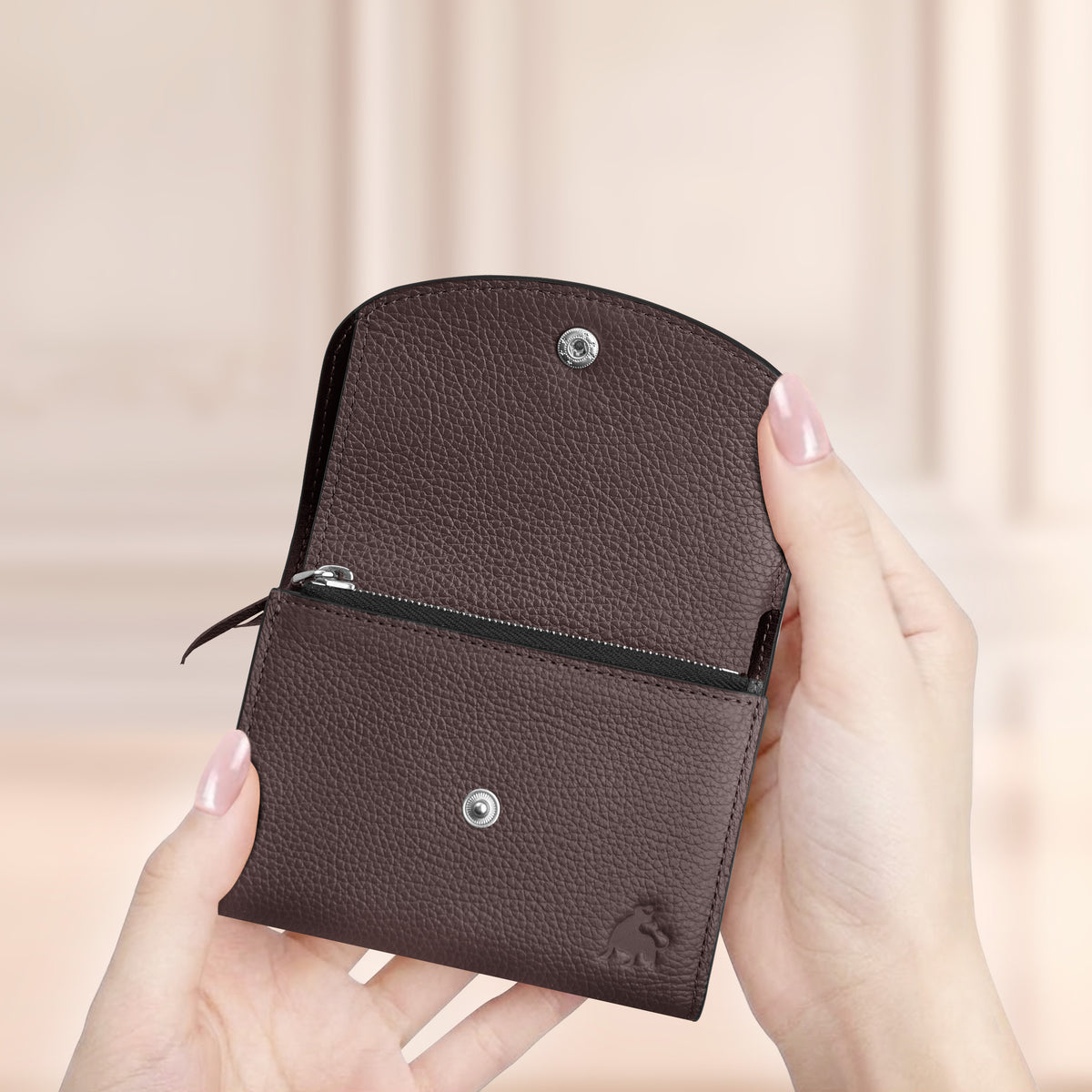 Thin compact leather wallet for women with RFID protection dark brown