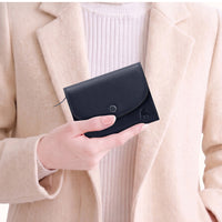Womens minimalist compact leather wallet with RFID blocking in navy